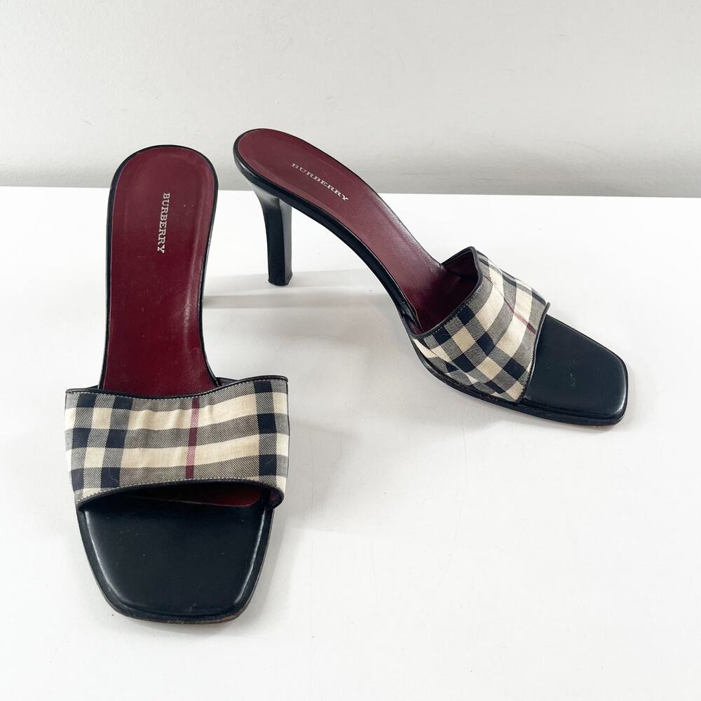Burberry Vintage Nova Check Square Toe Plaid Slide Mule Kitten Heel Sandals 8